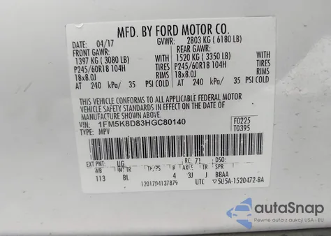 2017 Ford Explorer Xlt из США, поврежденный, VIN 1FM5K8D83HGC80140